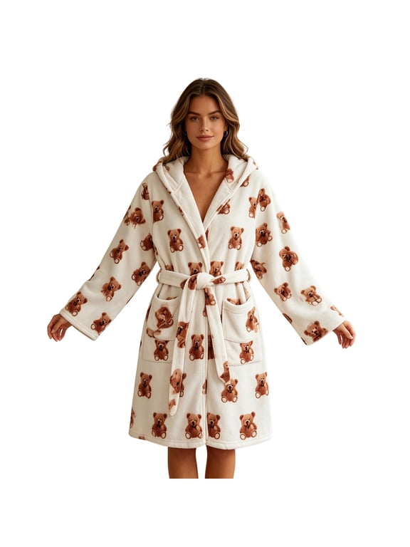 Women Cartoon Print Robe Comfortable Long Sleeve Hooded Plush Nightgown With Belt Pockets Sleepwear