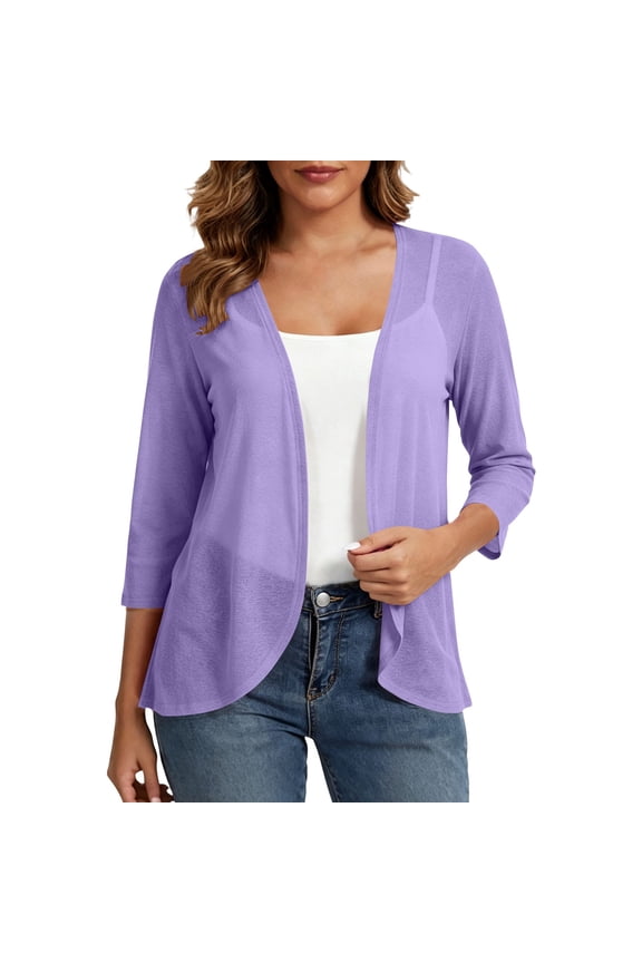 Women Casual 3/4 Sleeve Open Front Cardigan Solid Color Loose Fit Lightweight Spring Summer Tops