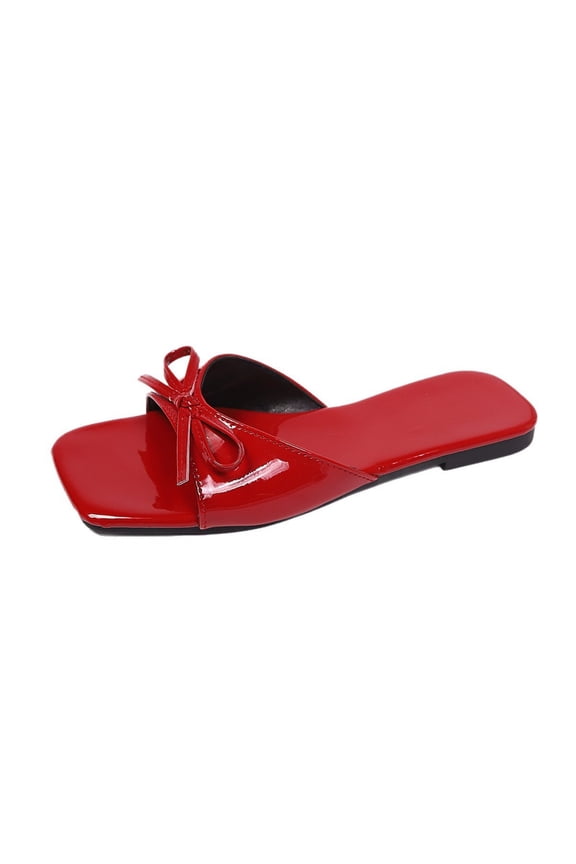 Women Casual Sandals Bow Detail Sandals Square Toe Spring Daily Solid Color Flat Sandals Red