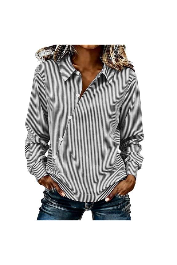 Women Casual Striped Lapel Button Long Sleeve Tops Loose Fit Daily Wear All Season Soft Comfy Blouse