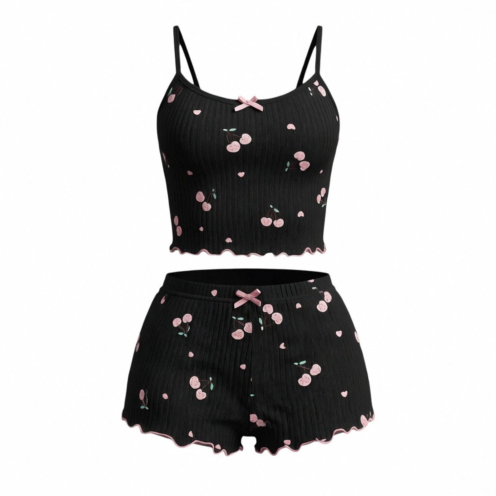 Wensltd Women Cherry Print Ribbed Sleepwear Set Spaghetti Strap 