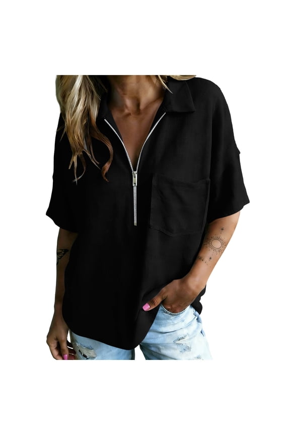 Women Collared Short Sleeve Tops with Pockets Zipper Closure Solid Color Pullover Blouses Black L