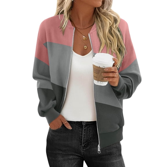 Wensltd Women Colorblock Long Sleeve Cardigan with Pocket Relaxed Fit Casual Zip Up Fashion Jacket