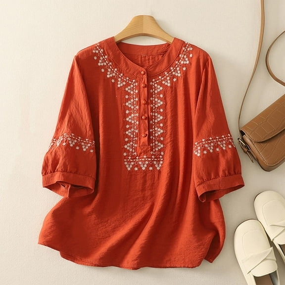 Wensltd Women Cotton Linen Crew Shirts Neck Short Sleeve Tops Loose Fit Fall Blouse for Women