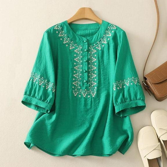 Wensltd Women Cotton Linen Crew Shirts Neck Short Sleeve Tops Loose Fit Fall Blouse for Women