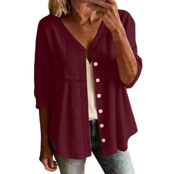 Wensltd Women Cotton Linen Tops Spring Summer Button 3/4 Sleeve Tops Cardigan