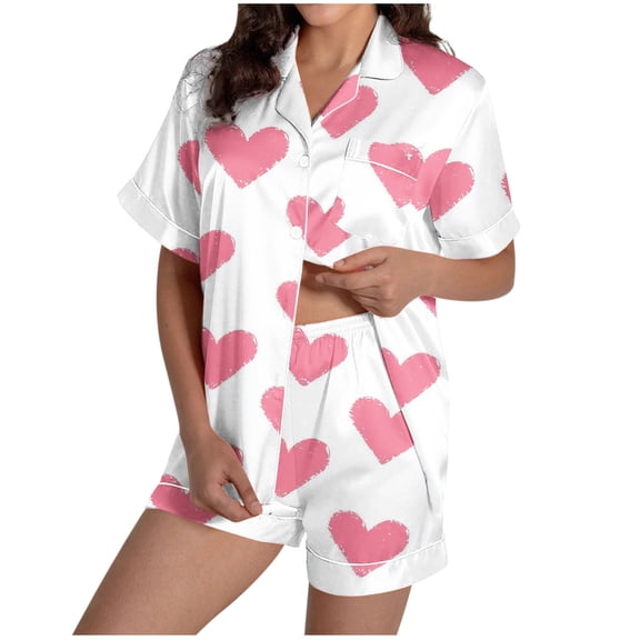 Wensltd Women Cozy Classic Heart Print Sleepwear Set Valentine's Day Short Sleeve Nightwear Home Clothing Pink M