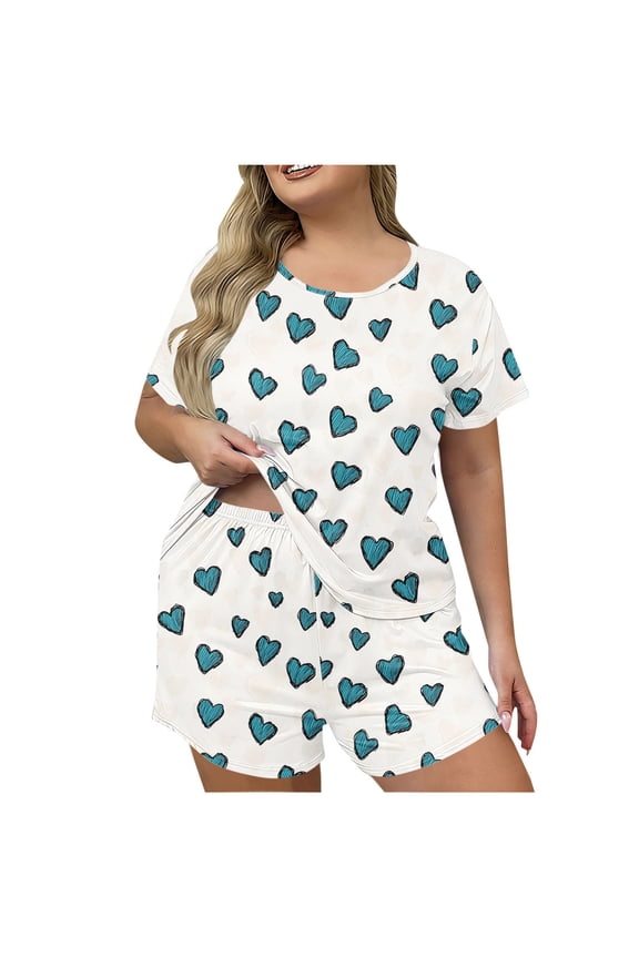 Women Crew Neck Tee Printed Tops Night Outfit Soft Pajamas Set for All Season
