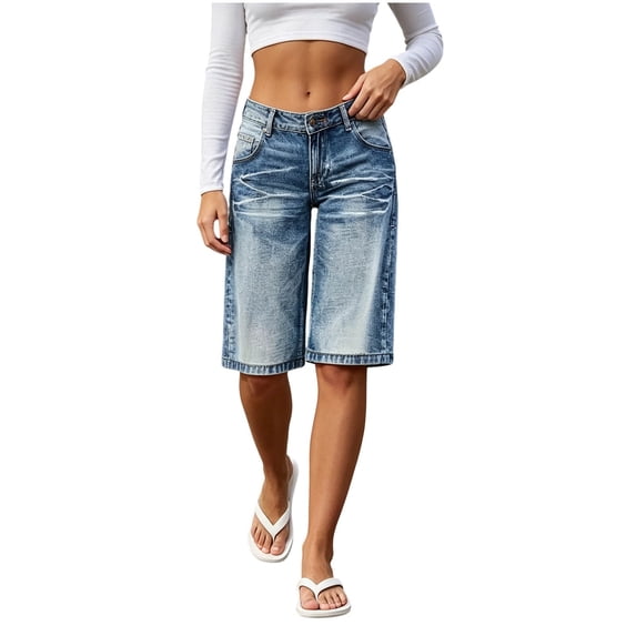 Wensltd Women Denim Bermuda Shorts Button Knee Length Casual High Waist Jean Shorts Lightweight