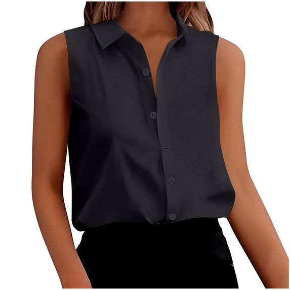 Wensltd Women Dressy Tops Solid Color Sleeveless Collared Tops Summer Fashion Lightweight Women Office Work Shirts Black XL