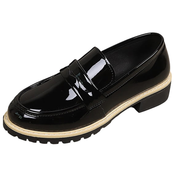 Wensltd Women Fashion Black Shoes Trendy Versatile Solid Color Retro Comfortable Mid Heel Loafers for Outdoor