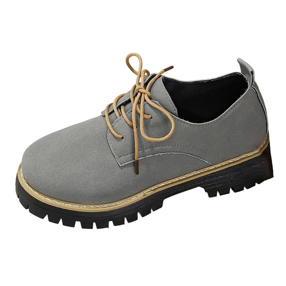 Wensltd Women Fashion Shoe Solid Color Round Toe Lace Up Chunky Heel Loafers Comfortable Versatile Dress Shoes