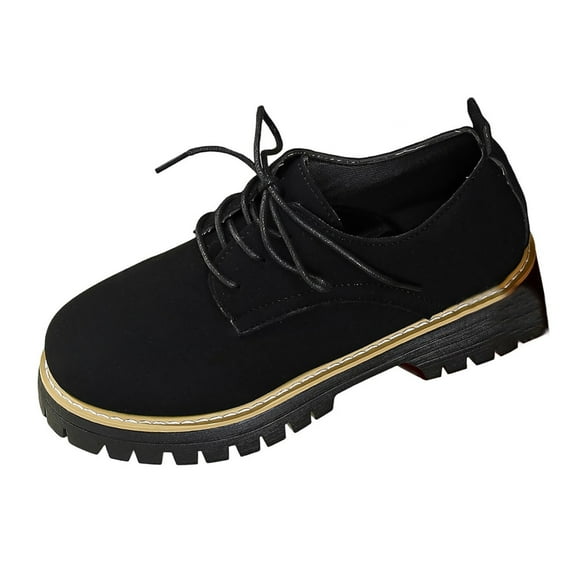 Wensltd Women Fashion Brown Shoe Solid Color Round Toe Lace Up Chunky Heel Loafers Comfortable Versatile Dress Shoes