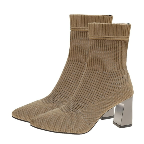 Wensltd Women Fashion Short Boots Fall Winter Solid Color Casual Comfortable Knit Stretch Sock Booties High Heel for Party Wedding