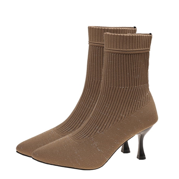 Wensltd Women Fashion Short Boots Fall Winter Solid Color Square Toe High Heel Knit Stretch Sock Booties for Wedding Party
