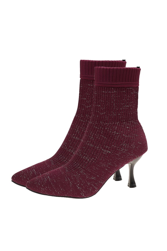 Women Fashion Short Boots Fall Winter Solid Color Square Toe High Heel Knit Stretch Sock Booties for Wedding Party