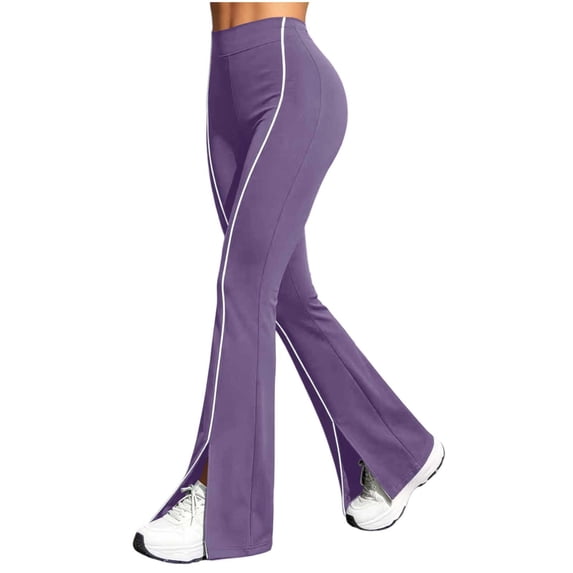 Wensltd Women Flared Pants White Side Stripe Elastic High Waist Split Hem Solid Full Length Pants