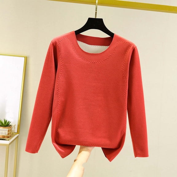 Wensltd Women Fleece Warm Base Layer Soft Fashion Long Sleeve Crew Neck Solid Color Autumn Winter Thermal Top