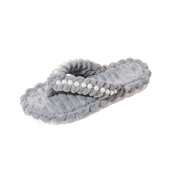 Wensltd Women Flip Flops Striped Plush Upper Flat Soft House Slippers Casual Indoor Shoes for Autumn Winter Wear