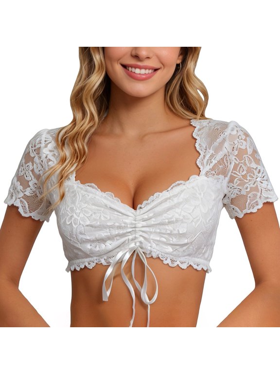 Women Floral Lace Cropped Top Drawstring Front Short Sleeve Casual Summer Dance Blouse for Party