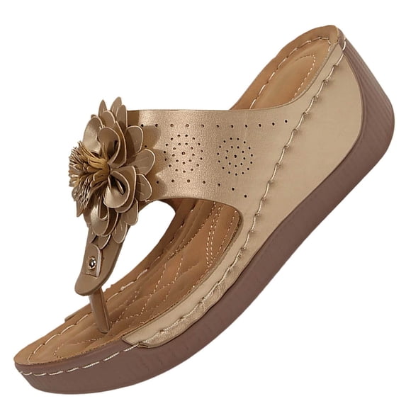 Wensltd Women Flower Thong Sandals Comfort Soft Soled Lightweight Casual Slippers Wide Width All Seasons Gold