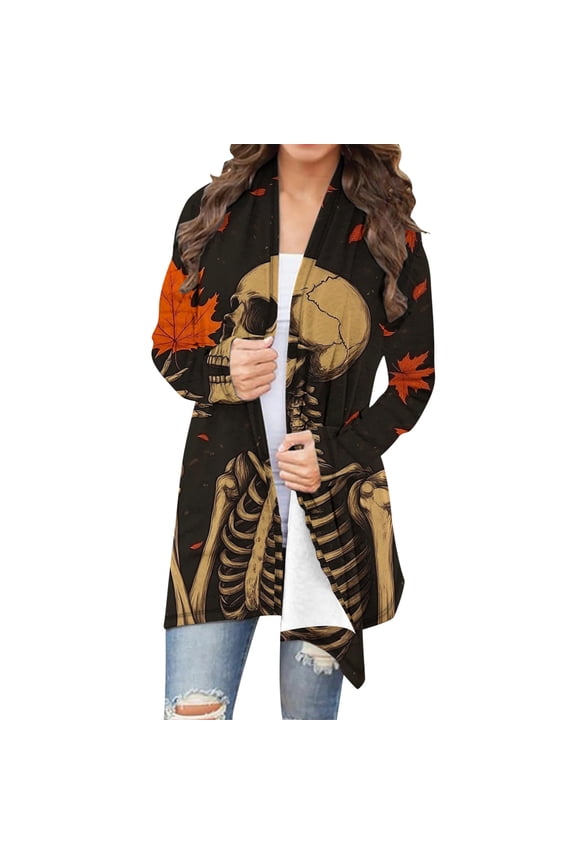 Women Halloween Long Sleeve Open Front Cardigan Pattern Pumpkin Lightweight Coat