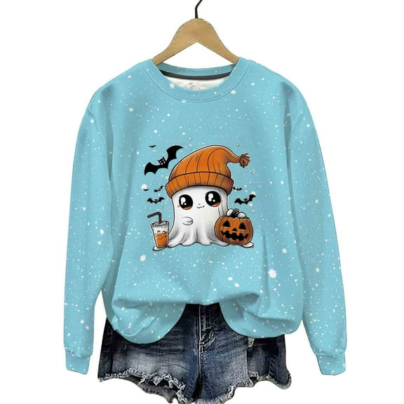 Wensltd Women Halloween Sweatshirts Loose Long Sleeve Round Neck Shirt Funny Graphic Pullover Blouses