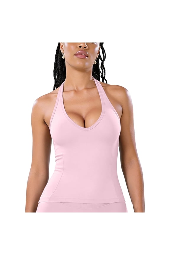 Women Halter Neck Tank Top Built In Bras Solid Color Push Up Yoga Gym Summer Workout Tops Pink