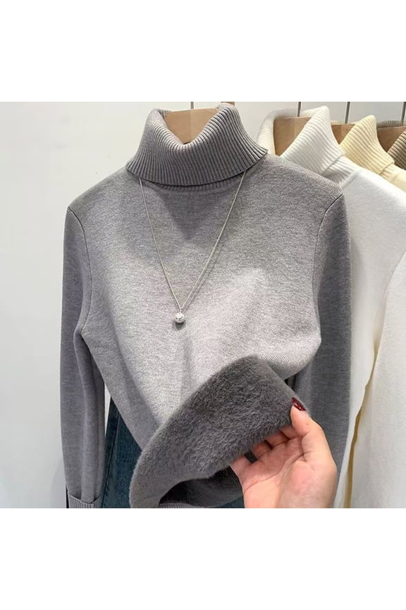 Women High Neck Fleece Lined Knit Base Layer Top Slim Fit Winter Everyday Solid Color Long Sleeve Bottom Top