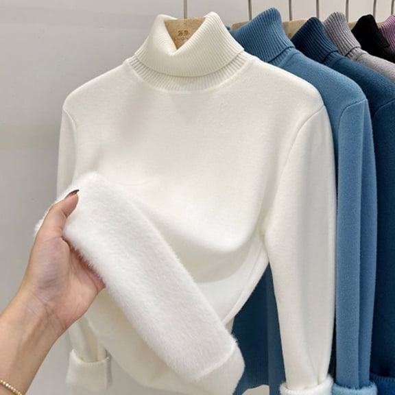 Wensltd Women High Neck Fleece Lined Knit Base Layer Top Slim Fit Winter Everyday Solid Color Long Sleeve Bottom Top