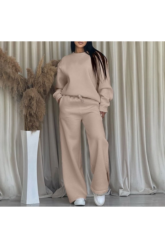 Women Hoodie Suit Solid Color Casual Crew-Neck Long Sleeve Top and Trousers