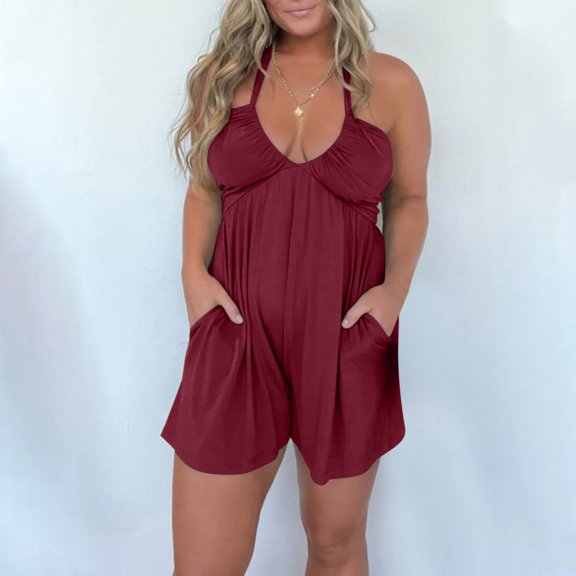 Wensltd Women Jumpsuit Summer Casual Loose Sleeveless Spaghetti Straps Shorts Overalls