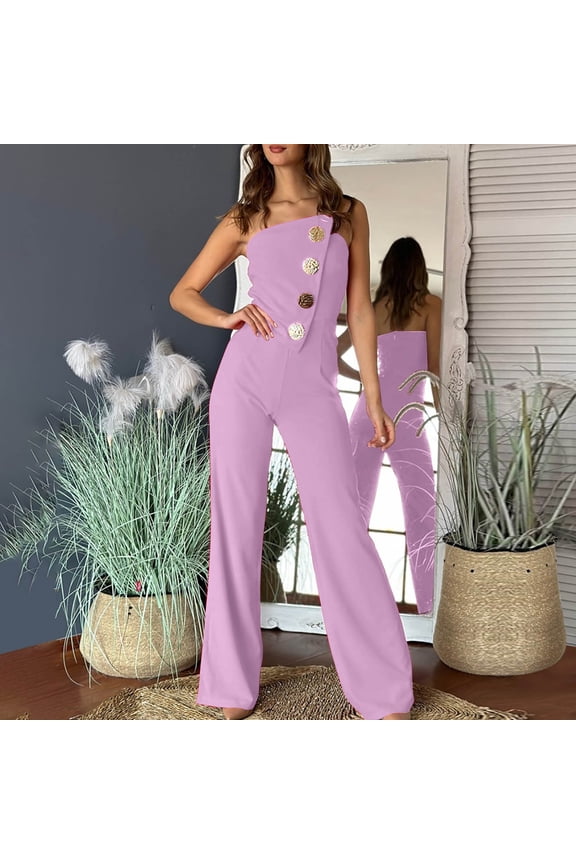Women Jumpsuits Sleeveless Wide Leg Long Pant With Pockets