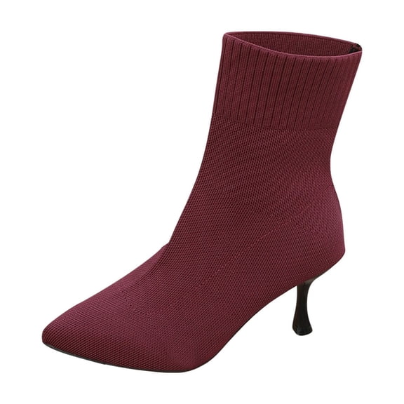 Wensltd Women Knit Sock Boots Square Toe Heel Elastic Short Boots Pointy Toe Shoes White