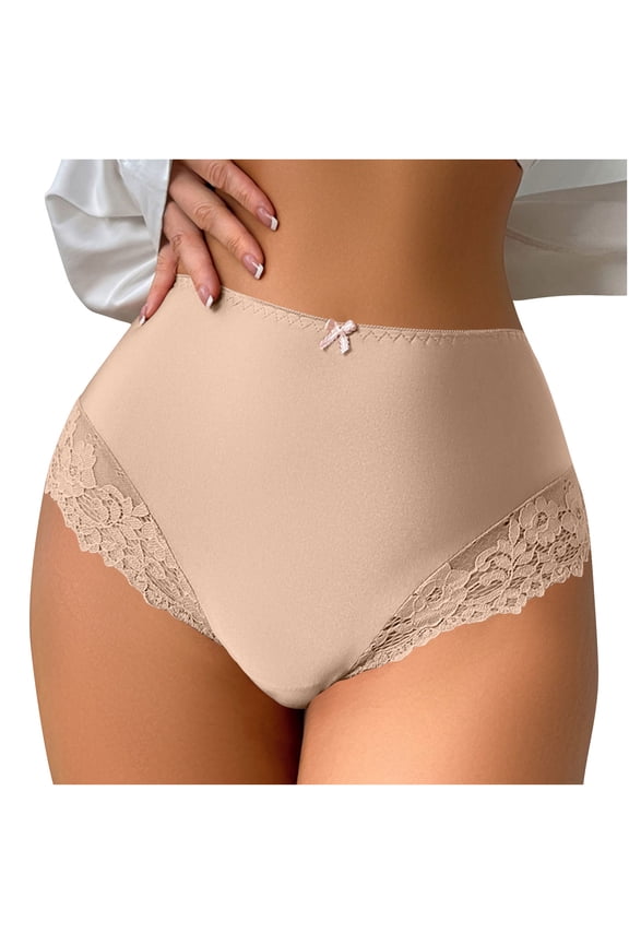 Women Lace Patchwork Bow Detail Briefs Black Seamless Elastic Underwear