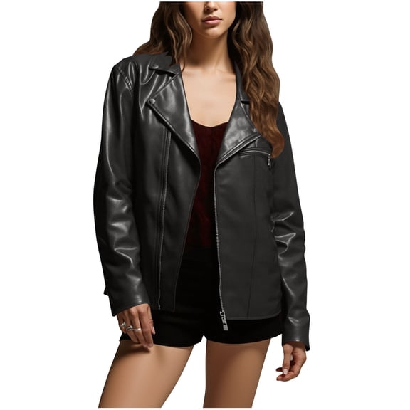 Wensltd Women Leather Jacket Fashionable Spring Fall Long Sleeve Versatile Outerwear Black Lapel Zip Up Jacket
