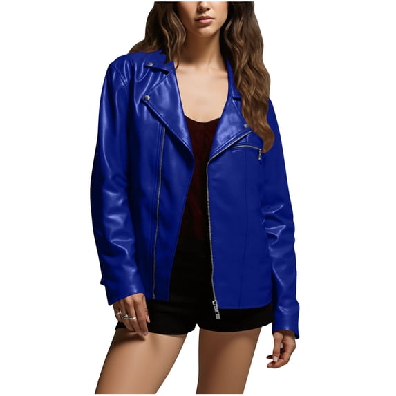 Wensltd Women Leather Jacket Fashionable Spring Fall Long Sleeve Versatile Outerwear Black Lapel Zip Up Jacket