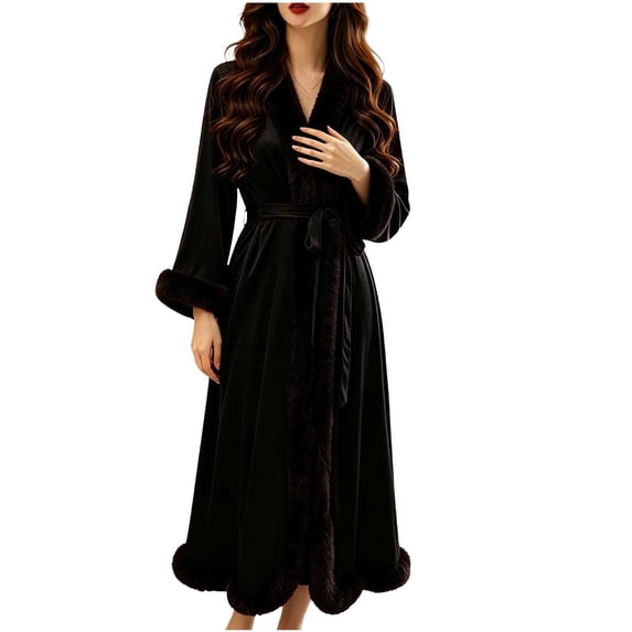 Wensltd Women Long Fluffy Trim Bath Robe Solid Soft Lightweight Comfy Loose V Neck Nightwear Set