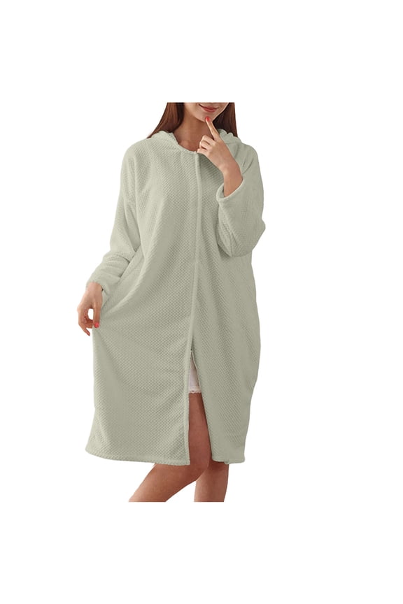 Women Long Sleeve Sleep Robe House Coat Solid Plush Soft Lightweight Comfy Loose Midi Hooded Zip Front Bath Robe