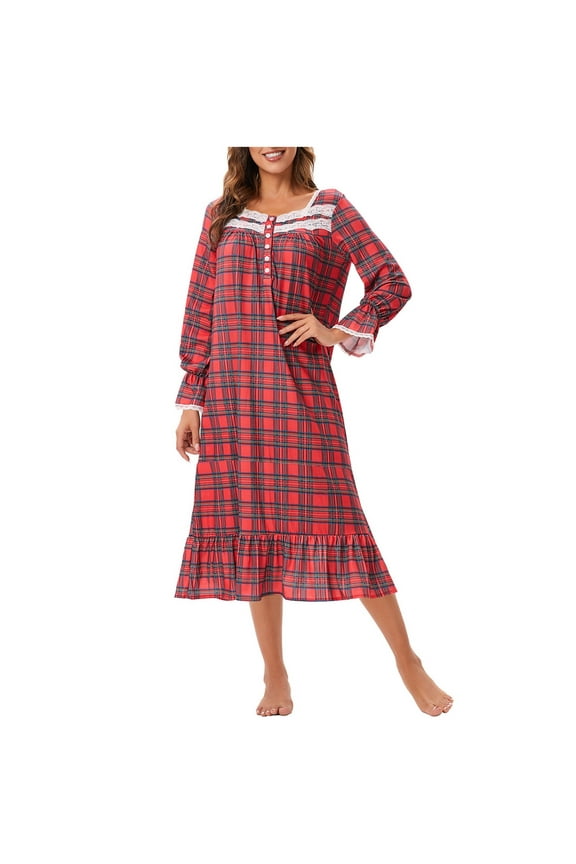 Women Long Sleeve Square Neck Casual Nightgown Comfortable Soft Loose Fit Long Length Nightwear Spring Fall Summer Sleep Dress Red
