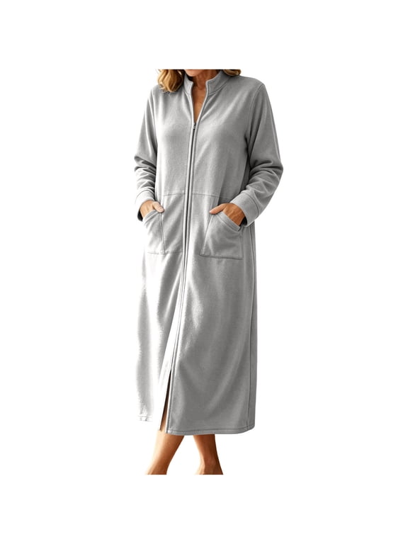 Women Long Zip Up Plush Robe Full Length Maxi Dressing Gown with Pockets Stand Collar Cozy Nightgown