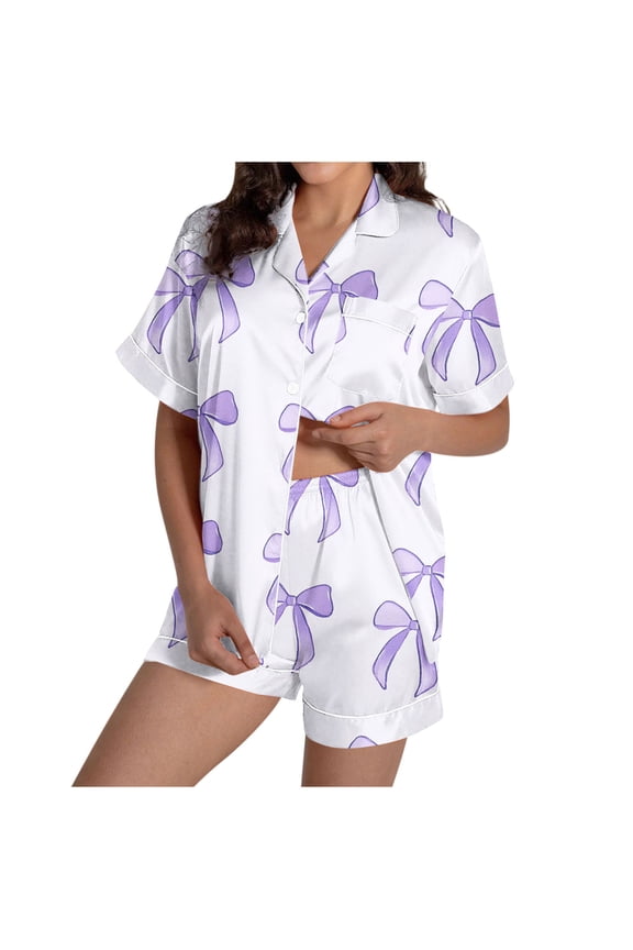 Women Loungewear Set Floral Print Collared Short Sleeve Top with Matching Shorts for Valentine Comfortable Nightwear Purple M