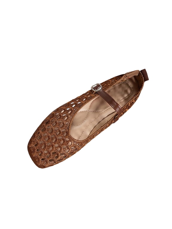 Women Mary Jane Shoes Hollow Cutout Mesh Square Toe Comfort Flat Shoes for Casual Outdoor Outings Solid Color Brown