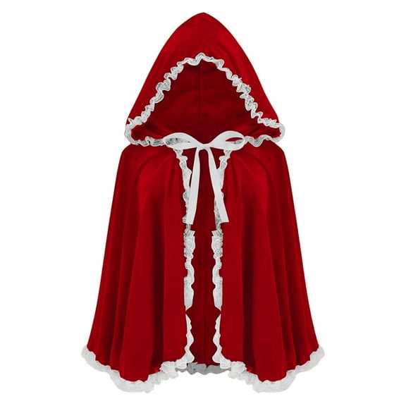 Wensltd Women Men Christmas Lace Ruffle Trim Solid Color Hooded Short Velvet Cape Matching Set Festive Warm Party Costume Red