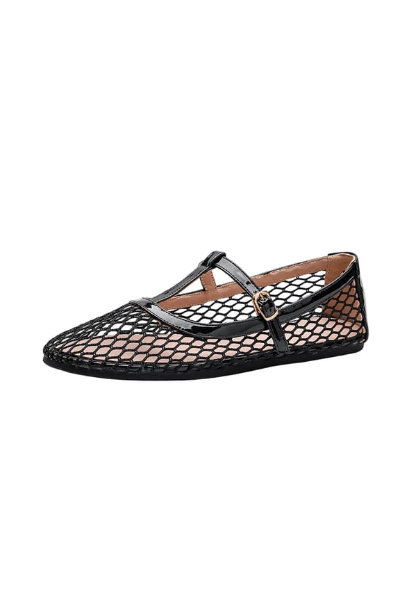 Women Mesh Mary Jane Flats T Strap Buckle Flat Shoes Hollow Mesh Upper Spring Summer Daily Walking Solid Color Black
