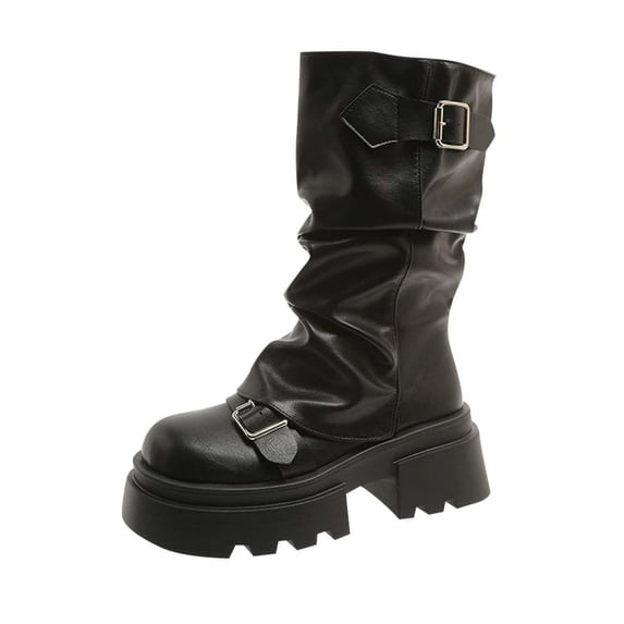 Wensltd Women Mid Calf Boots Chunky Heel Fall Winter Fashion Simple Solid Color Buckle Design Casual Shoes