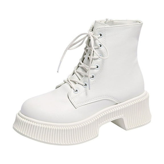 Wensltd Women Mid Calf Boots Thick Bottom British Style Lace Up Solid Color Autumn Winter Shoes Trendy Short Boots