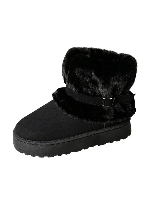 Women Mid Calf Snow Boots Fuzzy Fleece Collar Round Toe Thick Sole Winter Warm Outdoor Ankle Shoes