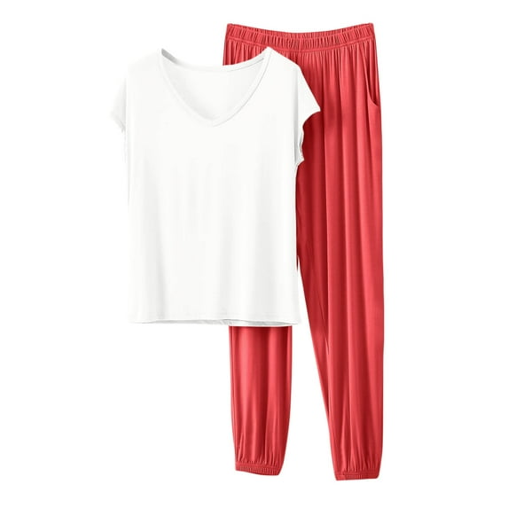 Wensltd Women Pajama Set 2 Piece Solid Color Loose V Neck Short Sleeve and Long Pants Soft Comfortable Casual Sleepwear for Home Wear XXL