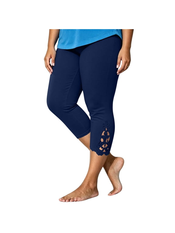 Women Plus Size Capri Leggings Hollow Decor Solid Color Stretch Knit Cropped Pants for Daily Wear